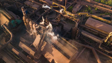 industry metallurgical plant dawn smoke smog emissions bad ecology aerial photography