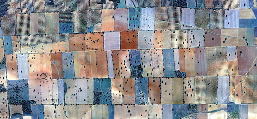 Panele Szklane  Kolory ziemi, hołd dla Picassa, abstrakcyjna fotografia hiszpańskich pól z powietrza, widok z lotu ptaka, przedstawienie ludzkich obozów pracy, abstrakcja, kubizm, abstrakcyjny naturalizm,