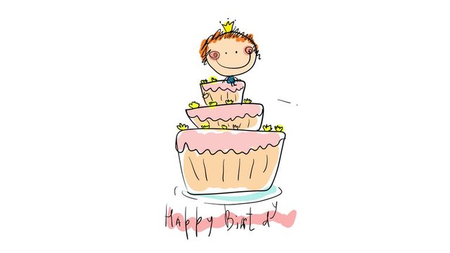 happy birthday digital greeting card for kids with little girl wearing a golden crown sitting on top of three story cake with doodle paint and beautiful details