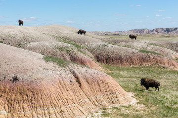Landscape view of colorful mounds in South Dakota's Badlands National Park.