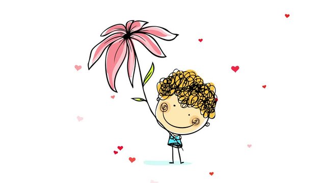young happy girl with curly yellow hair wearing blue dress hugging a thin pink flower with small red hearts floating on the background suggesting love for plants