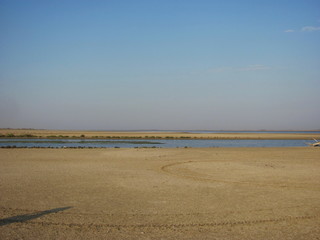 The bottom of a drying lake