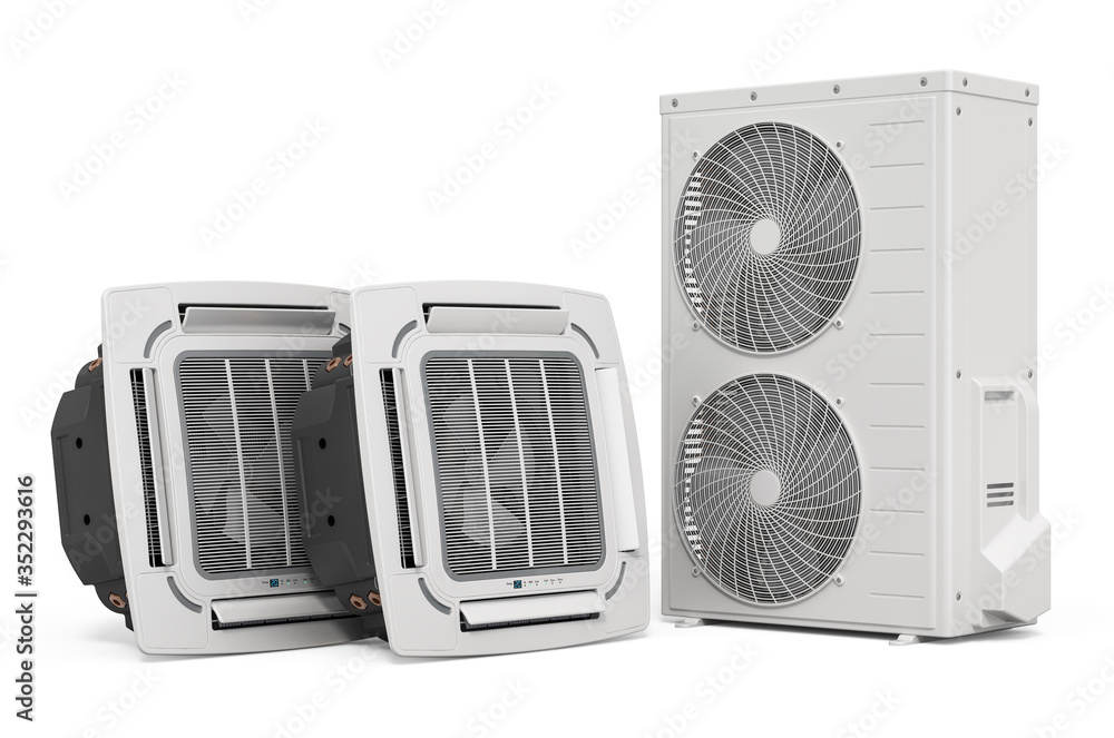 Poster air conditioner system. ceiling cassette units with outdoor compressor multi-zone unit. 3d rendering