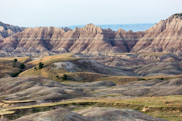 Landscape view of colorful mounds in South Dakota's Badlands National Park.