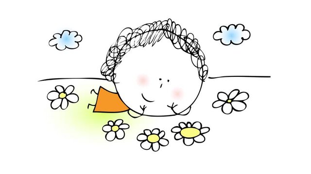 abstract green grass appear bouncing with a happy little girl resting on her elbows while observing delighted to the small flowers growing under the summer sky