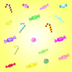 the colorful candy pattern on pastel yellow background with different flavors. Tasty candy set for summer decorative, sweets, dessert, snack, web design or print. Vector Illustration.