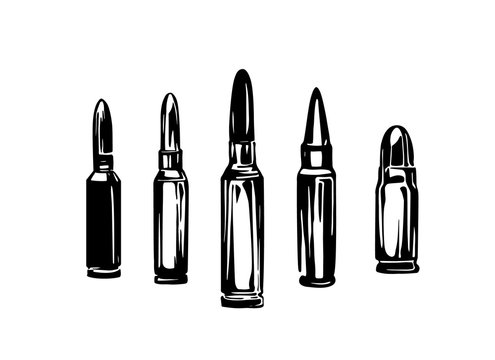 Hand drawn cartridge set, ink drawing sketch weapon bullets vector, black isolated live ammunition illustration on white background. Military design elements