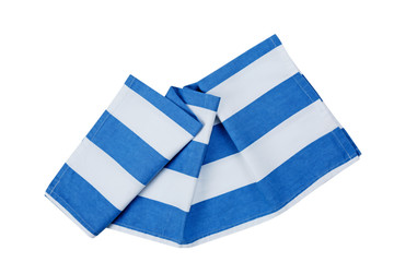 Striped blue folded kitchen towel cloth top view isolated.