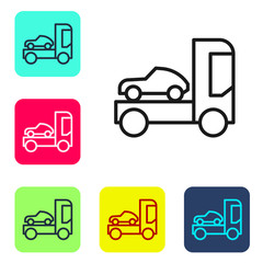 Black line Car transporter truck for transportation of car icon isolated on white background. Set icons in color square buttons. Vector