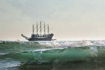 pirate ship on the horizon, strong waves are ashore