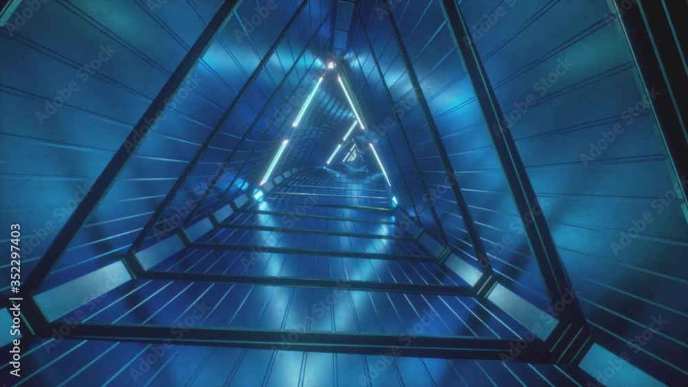 Poster flying through glowing neon triangles creating a tunnel