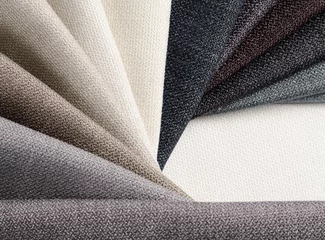 Gordijnen Bright collection of gunny textile samples. Fabric texture background. © Hanna Aibetova
