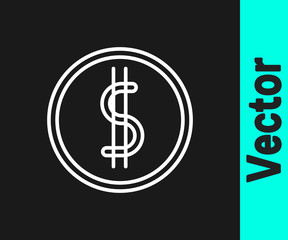 White line Coin money with dollar symbol icon isolated on black background. Banking currency sign. Cash symbol. Vector