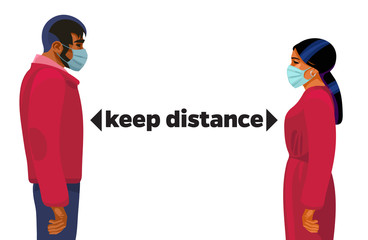 Keep distance concept. Young man and woman in medical masks stand at safe distance to avoid spreading corona virus. Vector illustration.