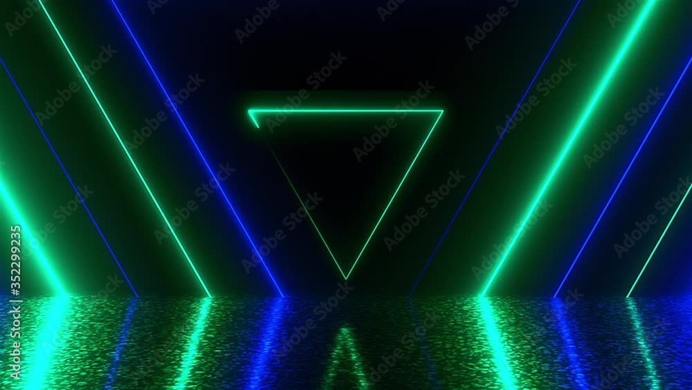 Poster many neon triangles in space, abstract computer generated backdrop, 3d rendering backdround