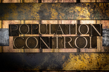 Photo of real authentic typeset letters forming Population Control text on vintage textured silver grunge copper and gold background