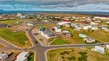 Stykkisholmur, Iceland. Amazing aerial city view on a sunny summer day