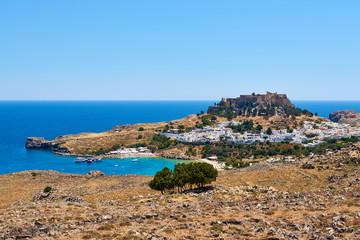 Lindos village with the Acropolis on the hill. Rhodes, island, Greece