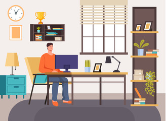 Man freelancer character working at home concept. Vector flat cartoon graphic design illustration