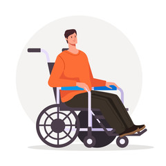 Man character sitting on wheelchair. Vector flat cartoon graphic design illustration