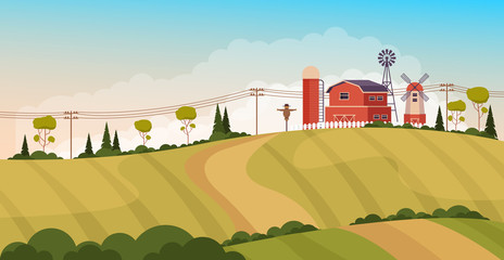 Farmland landscape countryside concept. Vector flat cartoon graphic design illustration