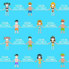 Pixel beach people social distancing pattern.Vector illustration of social distance for pixel beach people.