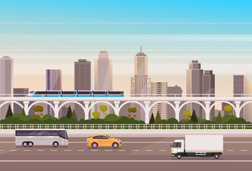 City transport car, bus, train concept. Vector flat cartoon graphic design illustration