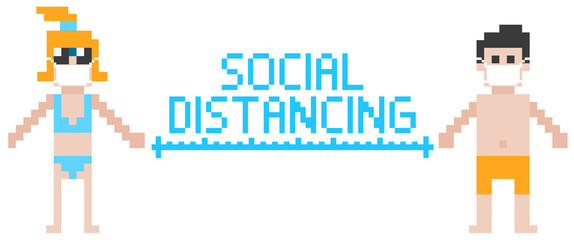 Pixel beach people social distance.Vector illustration of social distancing for beach people.
