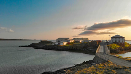 Aerial view of Borgarnes in Snaefellsnes Peninsula, Iceland. Sunset in summer season