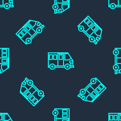 Green line School Bus icon isolated seamless pattern on blue background. Public transportation symbol. Vector