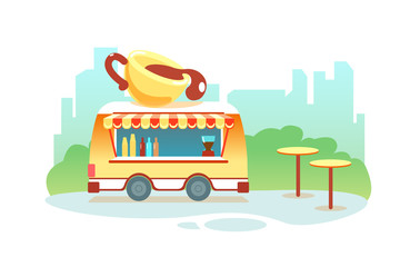 Coffee truck at park on city background. Coffee to go cafe on wheels outdoor vector isolated illustration. Street Meal trailer. Beverage portable cafe, takeaway hot drinks cup, catering business