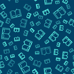 Green line Open book icon isolated seamless pattern on blue background. Vector