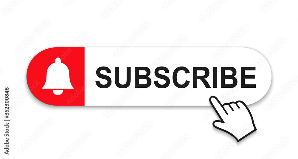 Poster subscribe white button with hand cursor and bell icon – stock vector