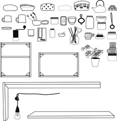 a set of kitchen items, shelves, dishes, potted flowers, a lamp. Each separately, you can make your own compositions. A linear pattern. Vector graphics