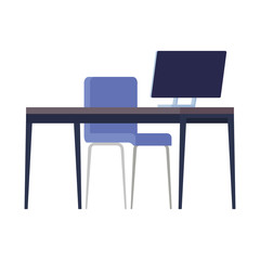 computer in desk with chair on white background vector illustration design