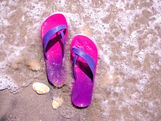 women's beach shoes on the sandy seashore