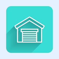 White line Garage icon isolated with long shadow. Green square button. Vector