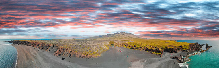 Djupalonssandur coast in Iceland. Amazing drone view in summer season