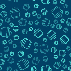 Green line Cooking pot icon isolated seamless pattern on blue background. Boil or stew food symbol. Vector