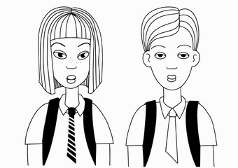 faces of a teenage boy and girl outline on white background doodle style illustration