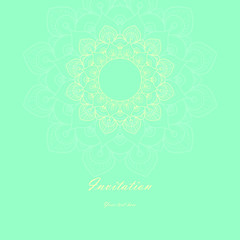 Mint and yellow color Invitation Card with  mandala ornament. Card template for Wedding invitation or Birthday greeting card. Vector illustration