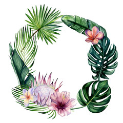Watercolor hand painted floral round frame with tropical flowers and leaves: monstera, banana tree, palm, protea, plumeria and hibiscus. Colorful tropical template is perfect for wedding design.