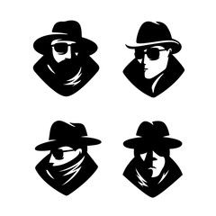 Private detective men in hats mascot set. Vector illustration.