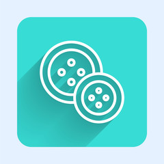 White line Sewing button for clothes icon isolated with long shadow. Clothing button. Green square button. Vector Illustration