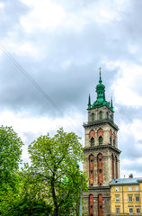 Fototapeta na wymiar Kornyakt Tower, spire of the bell tower of the Assumption Church in Lviv, Ukraine