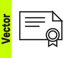 Black line Certificate template icon isolated on white background. Achievement, award, degree, grant, diploma concepts. Vector Illustration