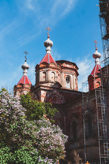 Walls and domes of the destroyed old Russian Church