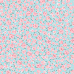 pink rose morden flower leaf allover ditsy blue background design