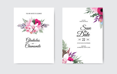 Fototapeta na wymiar Botanical wedding invitation card template design, white and pink flowers on white background.