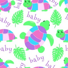 Seamless pattern with turtle, green leaves monstera, word baby. Vector illustration